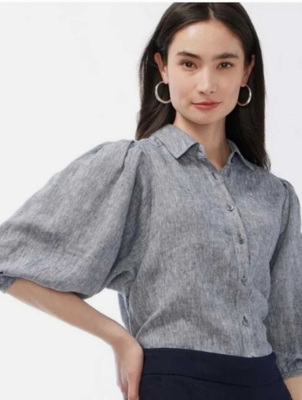 CHICO'S 100% Linen Dark Chambray Balloon Sleeve Blouse | 6